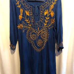 Embroidered Tunic Top, Blue and Gold with Tie‎ Front